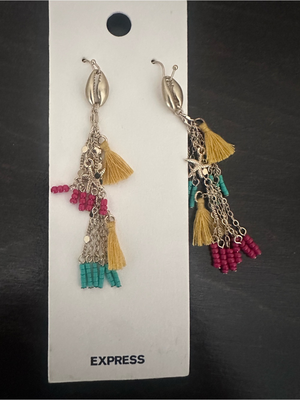 Express Gold Tassel Earrings with Pink & Teal Beads